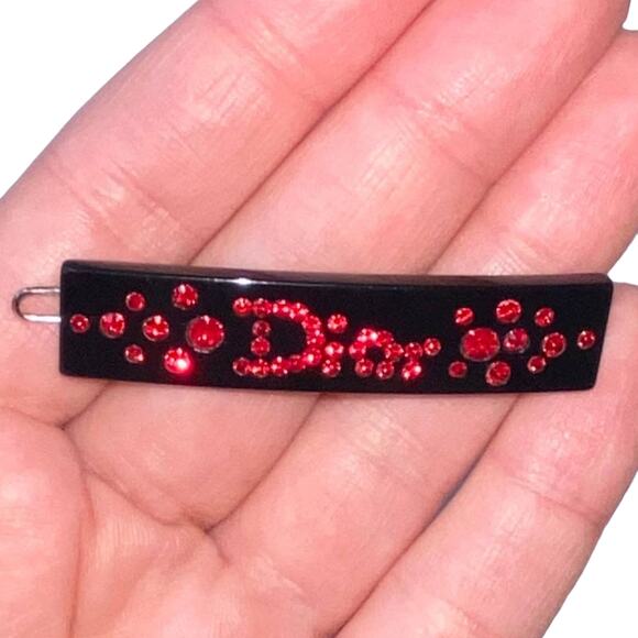 VTG Christian Dior Black Lucite Red Crystal Rhinestone Logo Hair Clip Barrette - Picture 8 of 12